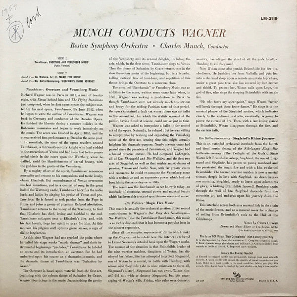 Munch* Conducts Wagner*, Boston Symphony Orchestra : Tannhäuser: Overture / Venusberg Music - Die Götterdämmerung: Siegfried's Rhine Journey - Die Walküre: Magic Fire Music (LP, Mono)