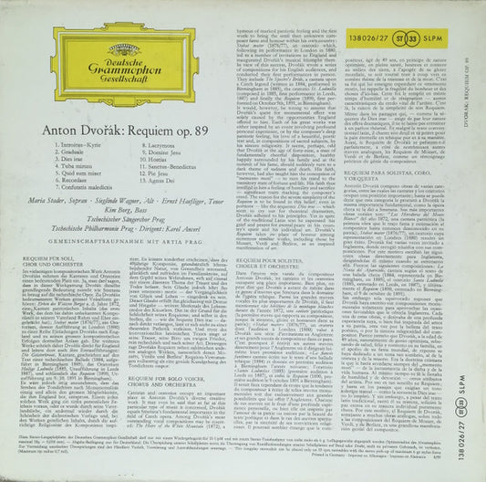 Anton Dvořák* - Maria Stader ‧ Sieglinde Wagner ‧ Ernst Haefliger ‧ Kim Borg ‧ Tschechische Philharmonie Prag* ‧ Dirigent: Karel Ančerl : Requiem Op. 89 (2xLP)