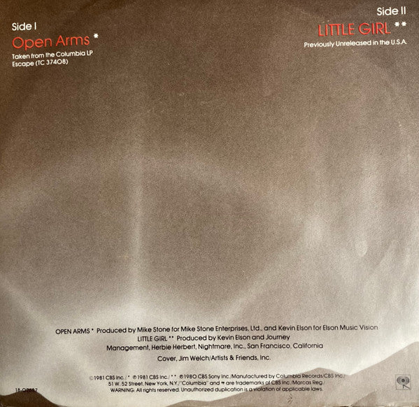 Journey : Open Arms (7", Single, Styrene, Ter)