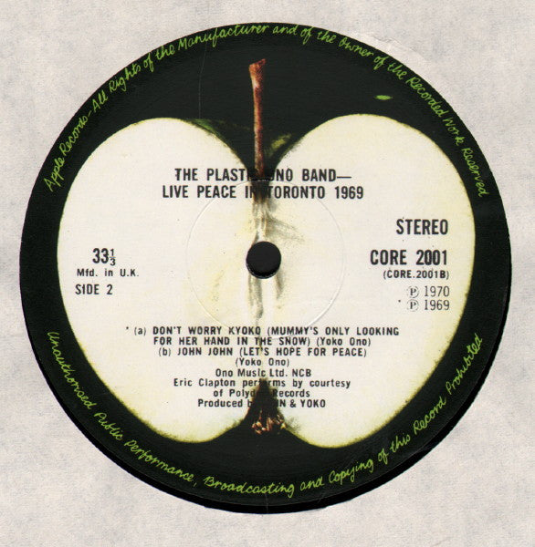 The Plastic Ono Band : Live Peace In Toronto 1969 (LP, Album)