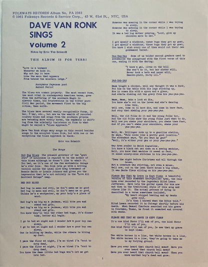 Dave Van Ronk : Dave Van Ronk Sings (LP, Album, RE)