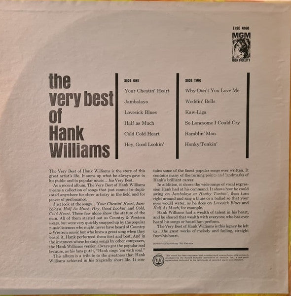 Hank Williams : The Very Best Of Hank Williams (LP, Comp, RE)