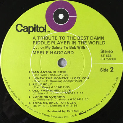 Merle Haggard : A Tribute To The Best Damn Fiddle Player In The World (Or, My Salute To Bob Wills) (LP, Album, Win)