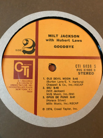 Milt Jackson With Hubert Laws : Goodbye (LP, Album, Gat)