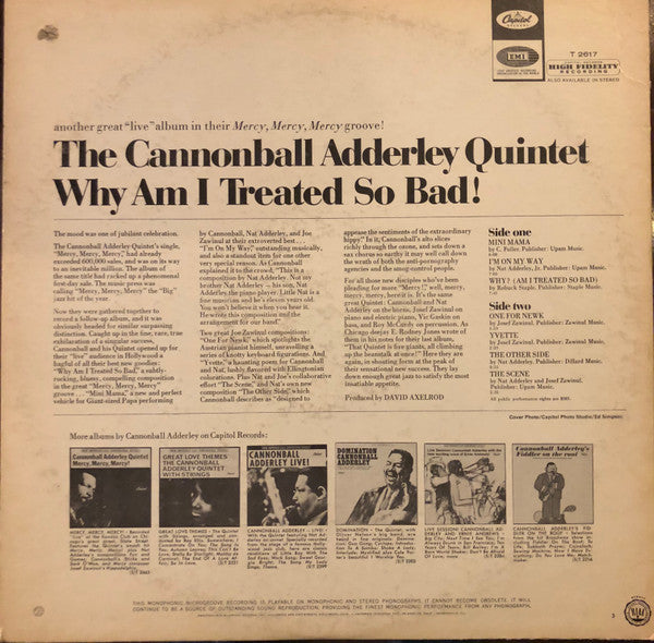 The Cannonball Adderley Quintet : Why Am I Treated So Bad! (LP, Album, Mono, Scr)