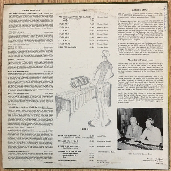 Gordon Stout : Carol Roberts (2) : Music For Solo Marimba (LP)