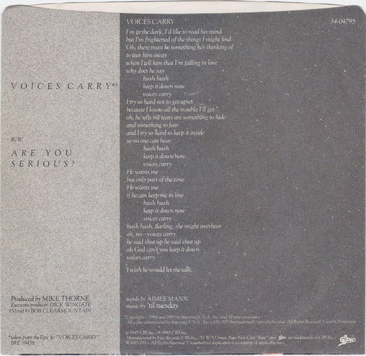 'Til Tuesday : Voices Carry (7", Single, Styrene, Pit)