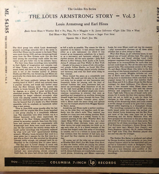 Louis Armstrong And Earl Hines : The Louis Armstrong Story, Volume III:  Louis Armstrong And Earl Hines (LP, Comp, Mono)