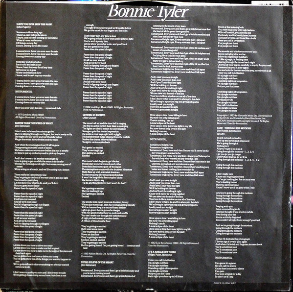 Bonnie Tyler : Faster Than The Speed Of Night (LP, Album)