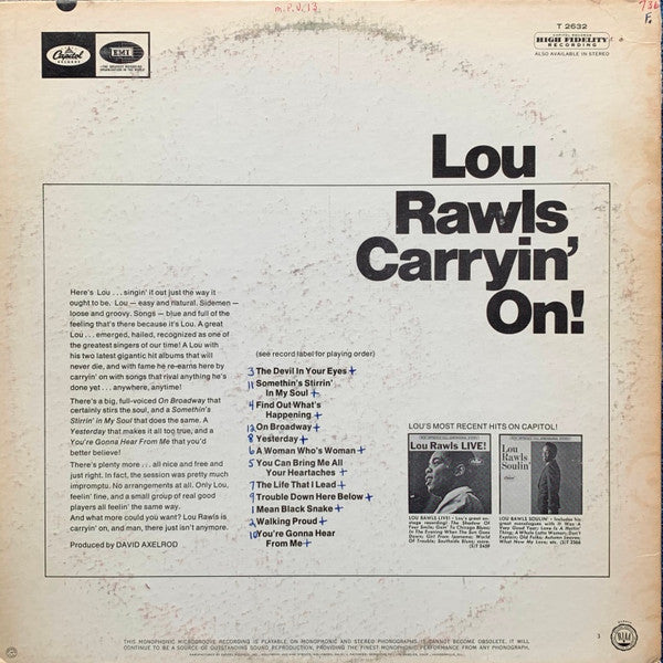 Lou Rawls : Carryin' On! (LP, Album, Mono, Scr)