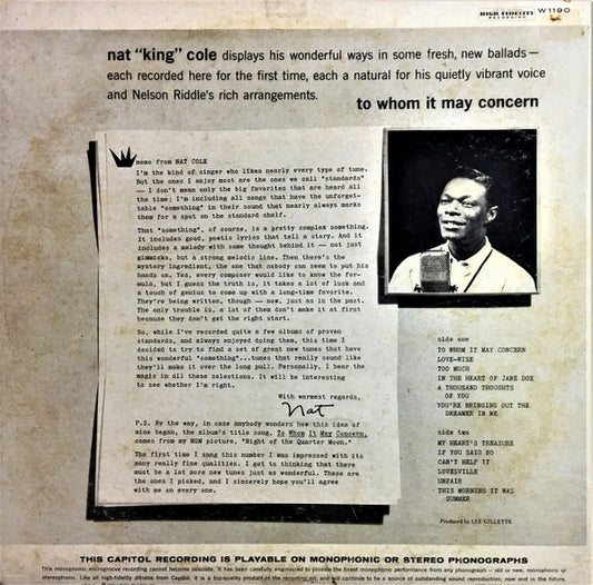 Nat "King" Cole* : To Whom It May Concern (LP, Album, Mono, Scr)