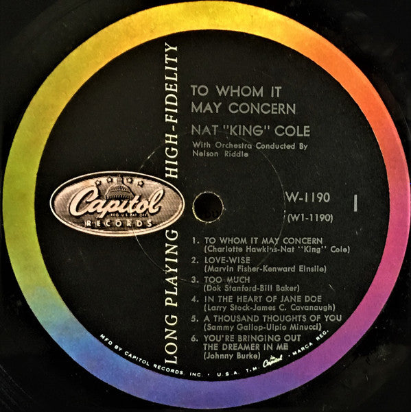 Nat "King" Cole* : To Whom It May Concern (LP, Album, Mono, Scr)
