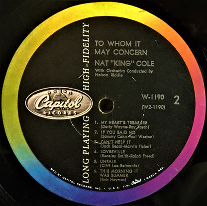 Nat "King" Cole* : To Whom It May Concern (LP, Album, Mono, Scr)