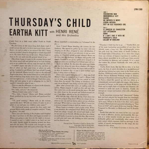 Eartha Kitt With Henri René And His Orchestra : Thursday's Child (LP, Album, Mono)