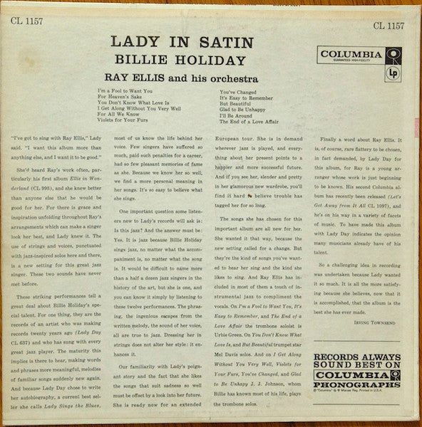 Billie Holiday With Ray Ellis And His Orchestra : Lady In Satin (LP, Album, Mono)