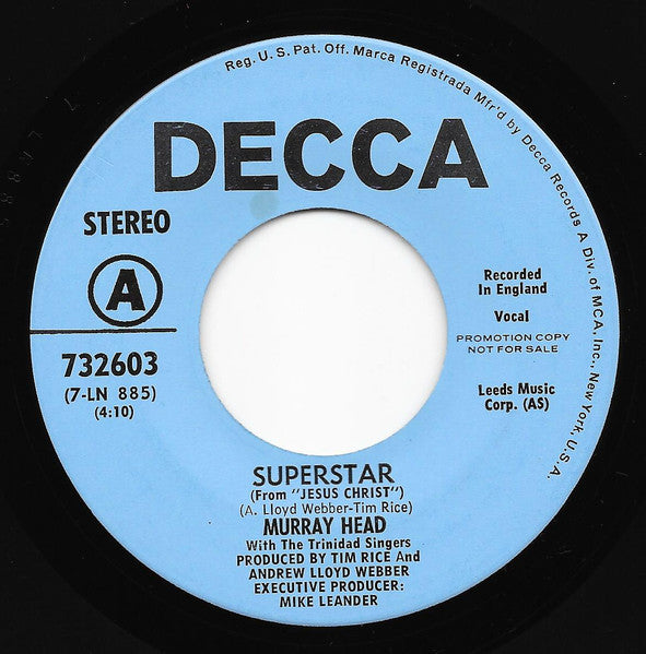 Murray Head With The Trinidad Singers / The Andrew Lloyd Webber Orchestra : Superstar (7", Promo)