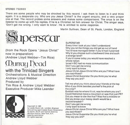 Murray Head With The Trinidad Singers / The Andrew Lloyd Webber Orchestra : Superstar (7", Promo)