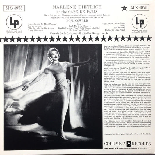 Marlene Dietrich : At The Cafe De Paris (LP, Album, Mono, RE)