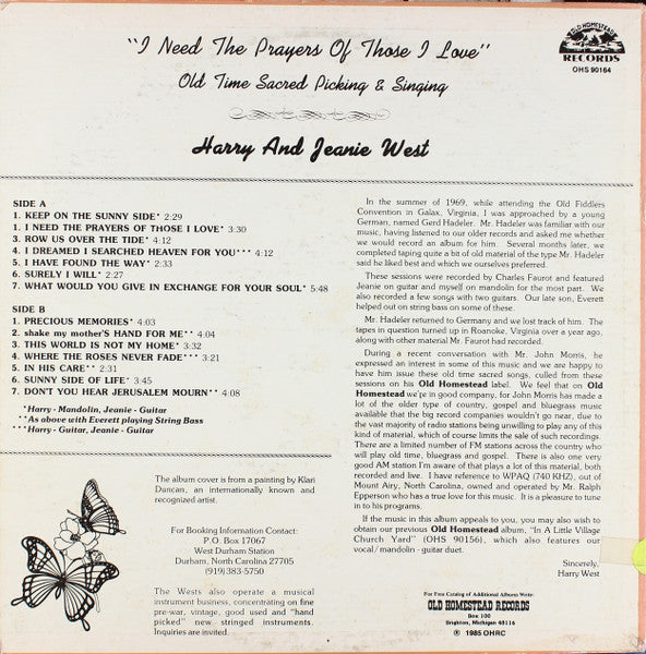 Harry And Jeanie West : "I Need The Prayers Of Those I Love" Old Time Sacred Picking & Singing (LP, Album)