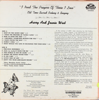 Harry And Jeanie West : "I Need The Prayers Of Those I Love" Old Time Sacred Picking & Singing (LP, Album)