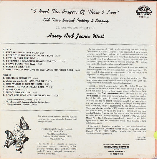 Harry And Jeanie West : "I Need The Prayers Of Those I Love" Old Time Sacred Picking & Singing (LP, Album)