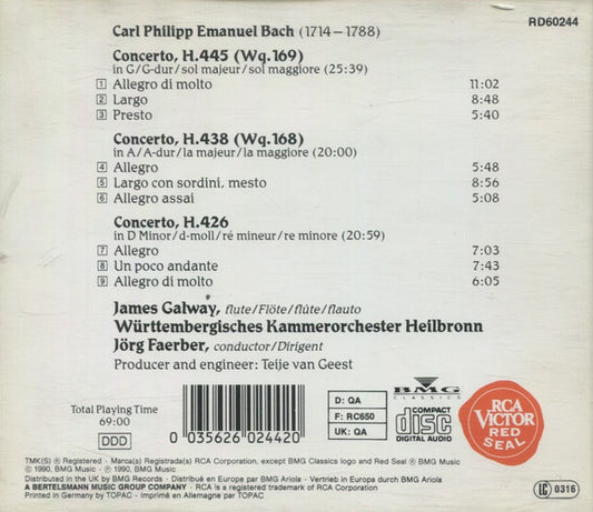James Galway, C. P. E. Bach*, Württembergisches Kammerorchester Heilbronn*, Jörg Faerber : 3 Concertos (CD, Album)