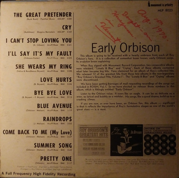 Roy Orbison : Early Orbison (LP, Album, Comp, Mono, Roc)