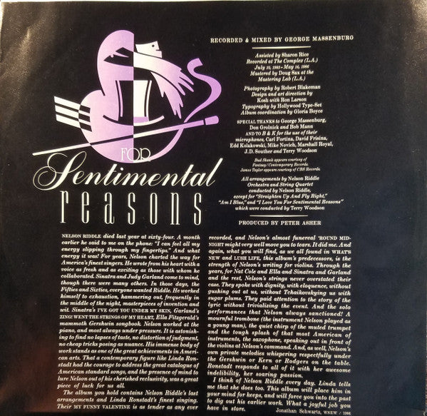 Linda Ronstadt With Nelson Riddle & His Orchestra* : For Sentimental Reasons (LP, Album, Spe)