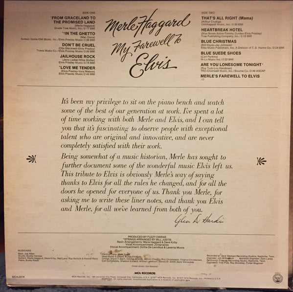 Merle Haggard : My Farewell To Elvis (LP, Album, Glo)