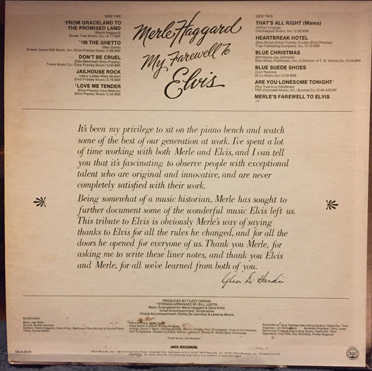 Merle Haggard : My Farewell To Elvis (LP, Album, Glo)
