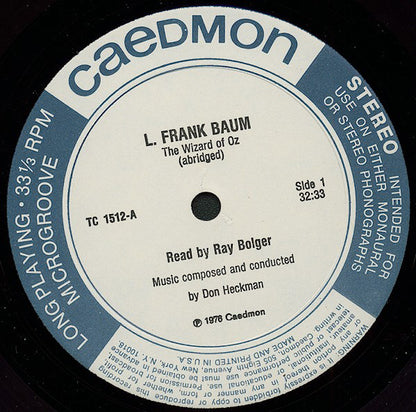 L. Frank Baum Read By Ray Bolger : The Wizard Of Oz (LP, Album)