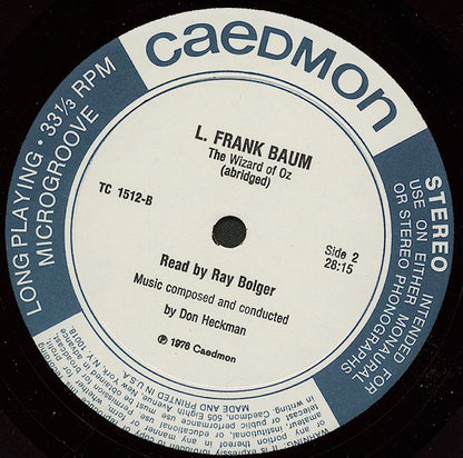 L. Frank Baum Read By Ray Bolger : The Wizard Of Oz (LP, Album)