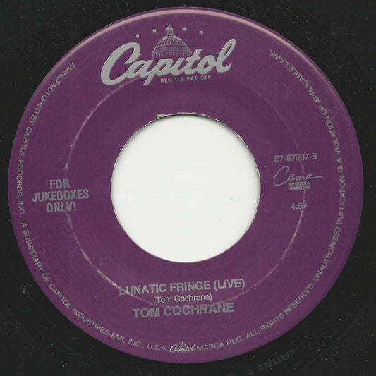Tom Cochrane : Washed Away / Lunatic Fringe (Live) (7", Jukebox)