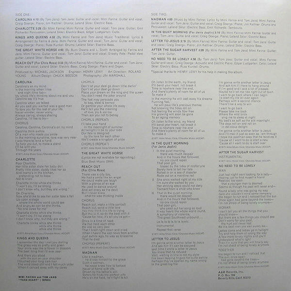 Mimi Farina And Tom Jans : Take Heart (LP, Album, Pit)