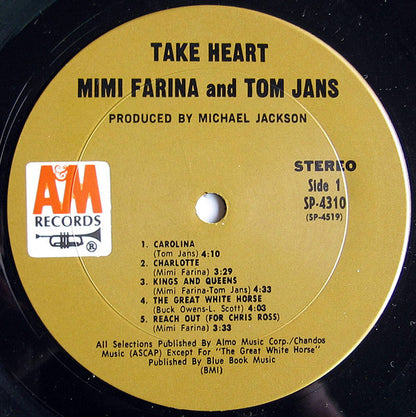 Mimi Farina And Tom Jans : Take Heart (LP, Album, Pit)