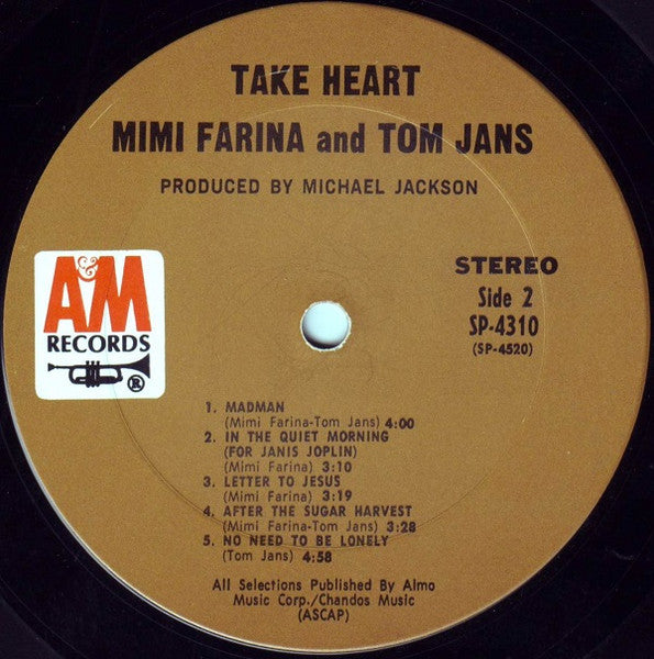 Mimi Farina And Tom Jans : Take Heart (LP, Album, Pit)