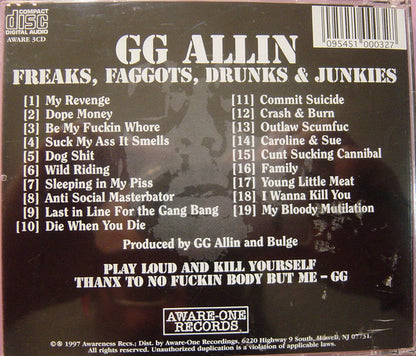 GG Allin : Freaks, Faggots, Drunks & Junkies (CD, Album)