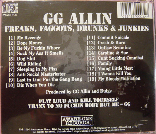 GG Allin : Freaks, Faggots, Drunks & Junkies (CD, Album)