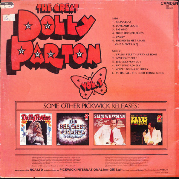 Dolly Parton : The Great Dolly Parton Vol. 1 (D-I-V-O-R-C-E) (LP, Comp)
