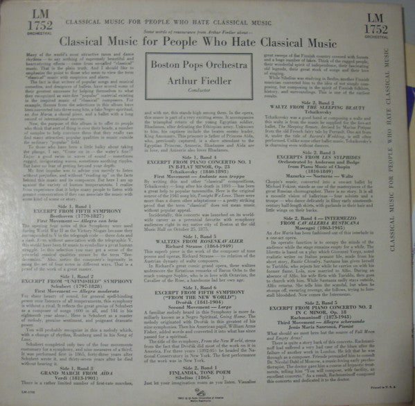 Boston Pops Orchestra • Arthur Fiedler : Classical Music For People Who Hate Classical Music (LP, Album, Mono)