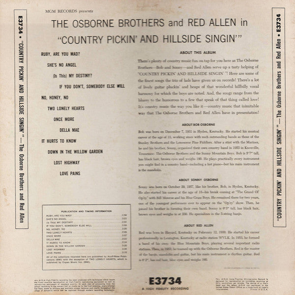 The Osborne Brothers And Red Allen (2) : Country Pickin' And Hillside Singin' (LP, Album, Mono)
