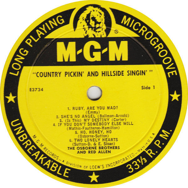 The Osborne Brothers And Red Allen (2) : Country Pickin' And Hillside Singin' (LP, Album, Mono)