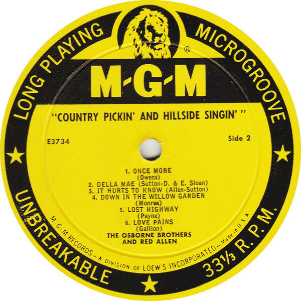 The Osborne Brothers And Red Allen (2) : Country Pickin' And Hillside Singin' (LP, Album, Mono)