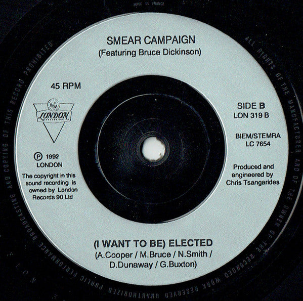 Mr. Bean (3) & Smear Campaign (5) Featuring Bruce Dickinson : (I Want To Be) Elected (7", Single)