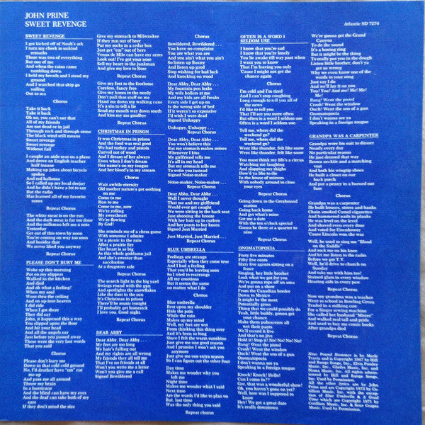 John Prine : Sweet Revenge (LP, Album, RI )