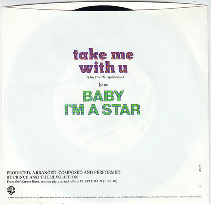 Prince And The Revolution : Take Me With U (7", Single, Spe)