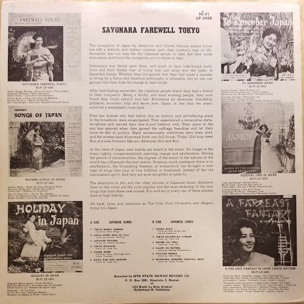 Club Nisei Orchestra And Singers : Sayonara Farewell Tokyo / Souvenir Songs Of Japan (LP, Album)