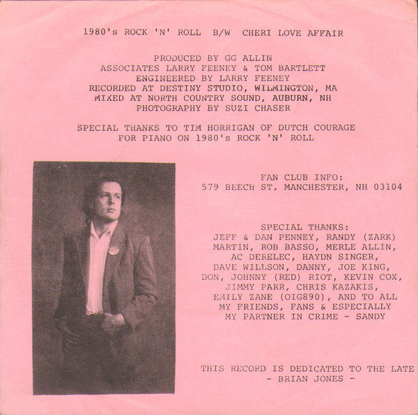 GG Allin & The Jabbers : 1980's Rock 'N' Roll / Cheri Love Affair (7", Single)