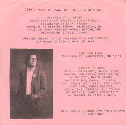 GG Allin & The Jabbers : 1980's Rock 'N' Roll / Cheri Love Affair (7", Single)