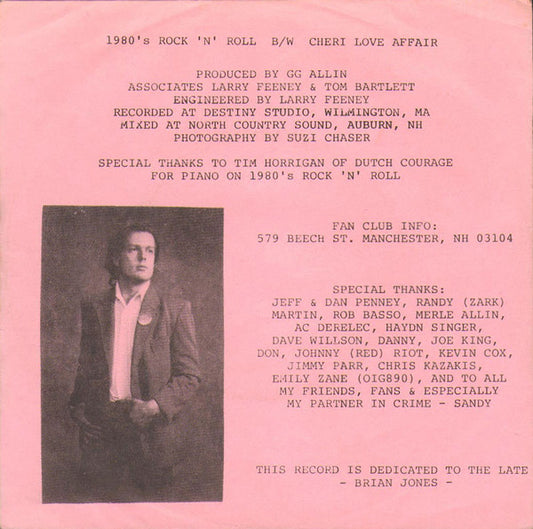 GG Allin & The Jabbers : 1980's Rock 'N' Roll / Cheri Love Affair (7", Single)